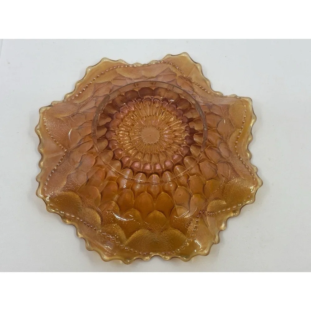 1915 Marigold Dugan Carnival Glass Iridescent Bowl Ruffled Fish scale & Beads